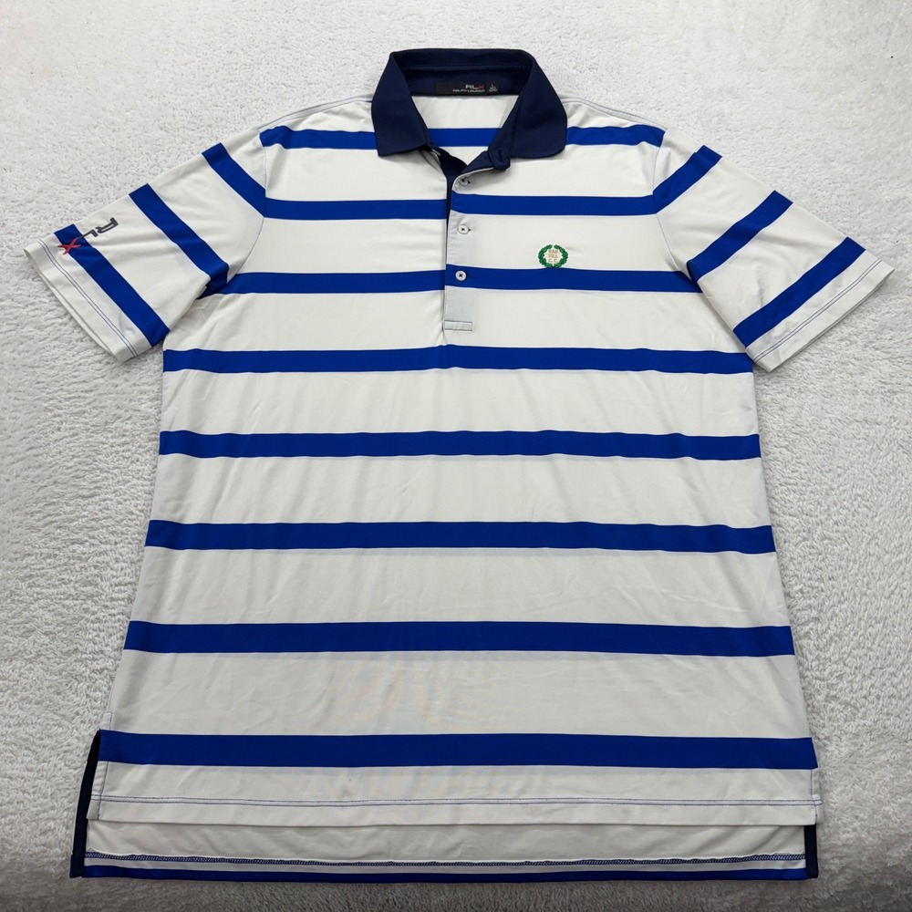 RLX Ralph Lauren Mens Large Striped Golf Polo Shirt Oak Hill CC Blue White